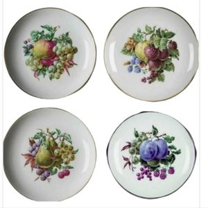 Naaman Made in Israel Ceramic Fruits & Berries Dessert Plates Gold Trim Set of 4